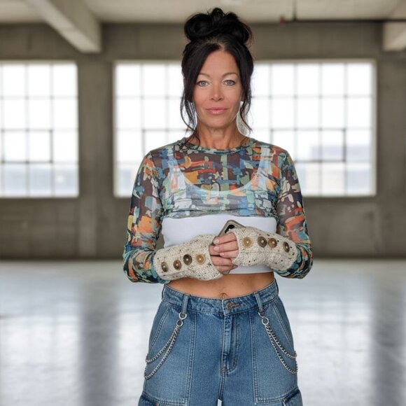 new Tweed HandKnit Seamless Fingerless Gloves Mittens Arm Warmer w.Buttons - Picture 1 of 11